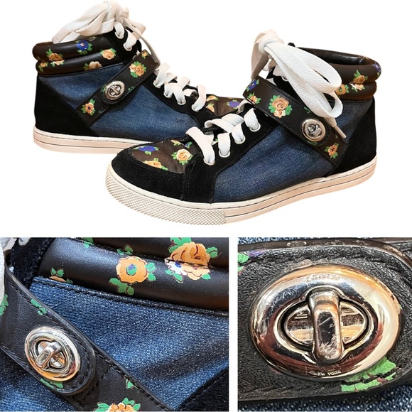Coach Denim Floral Suede Sneakers Blue Black High Top Booties Pembroke Clasp - Picture 1 of 16